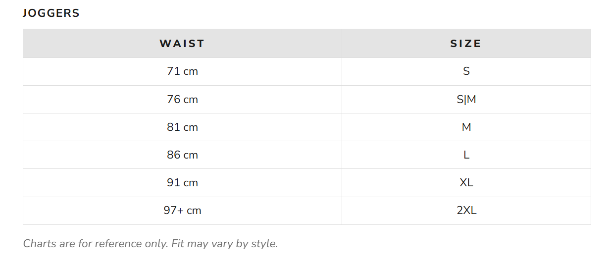 Lifting Essential Joggers (Khaki) size chart